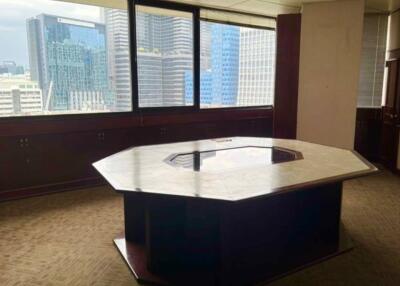 Conference room with large table and city view