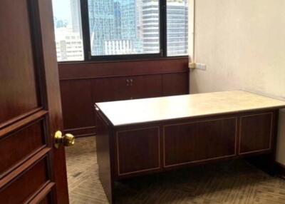 Office room with desk and city view