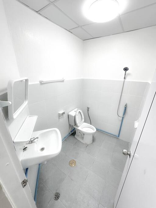 Modern bathroom with toilet, sink, and shower area