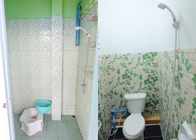 A bathroom with tiled walls, a squat toilet, and a shower area.