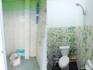 A bathroom with tiled walls, a squat toilet, and a shower area.