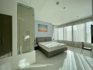 Bright and spacious bedroom with large windows and modern furnishings