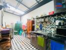 Modern kitchen with checkerboard floor and wall-mounted storage