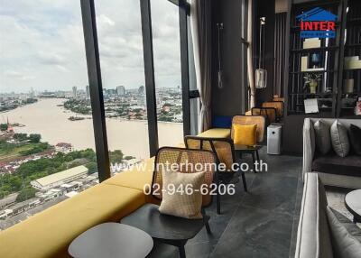 Modern living room with panoramic river view