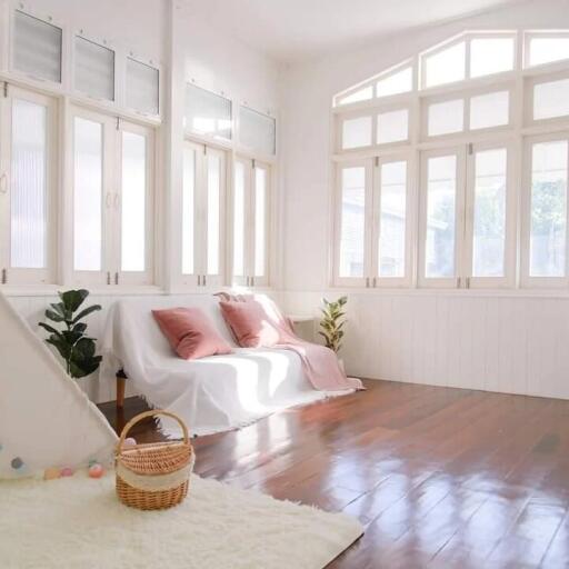 Bright and airy living room with large windows and cozy seating