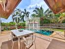 Outdoor patio with dining table and view of pool