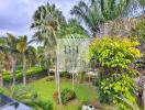 Lush green outdoor area with palm trees and manicured lawn