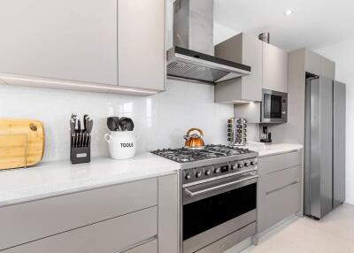 Modern kitchen with stainless steel appliances and grey cabinetry