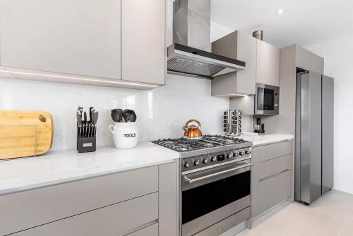 Modern kitchen with stainless steel appliances and grey cabinetry