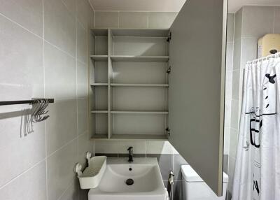 bathroom with sink, storage, and shower