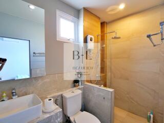 Modern bathroom with shower and vanity