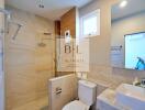 Modern bathroom with glass-enclosed shower