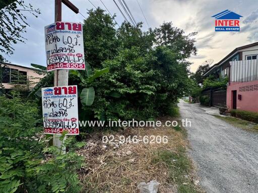 Property advertisement signs on a street with surrounding greenery