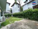 Backyard with grass, plants, and neighboring buildings