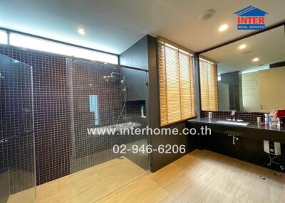 Modern bathroom with mosaic tile shower and large vanity