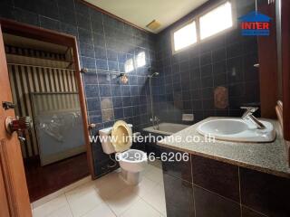 Bathroom with dark tiles and a shower area