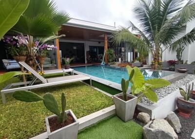 Modern garden with pool and loungers