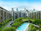 Apartment complex with large pool and city skyline