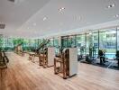 Modern gym with large windows and various exercise equipment