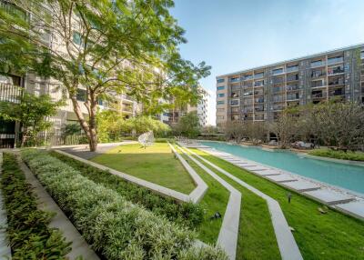 Lush green garden area with pool