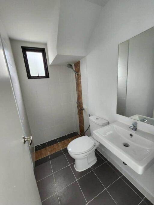 Small bathroom with a shower, toilet, and sink