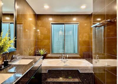 Modern bathroom with a bathtub and dark tiled walls