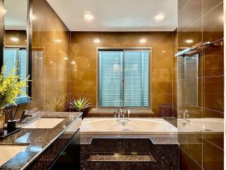 Modern bathroom with a bathtub and dark tiled walls