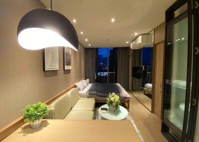 Modern bedroom with night city view