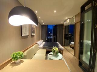 Modern bedroom with night city view