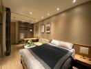 Cozy and modern bedroom with decorative lighting and seating area