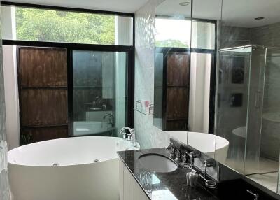 Modern bathroom with double sinks, large bathtub, and shower