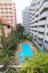 View of apartment buildings with swimming pool