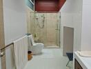 Modern bathroom with glass shower door and skylight