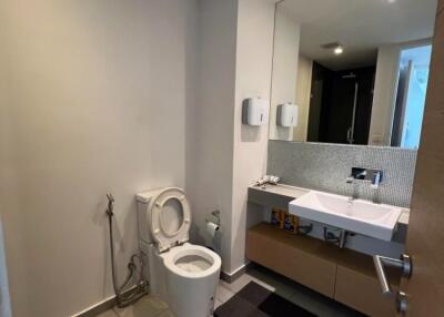 modern bathroom with vanity and toilet