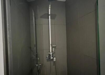 Modern shower area with overhead and handheld shower fixtures