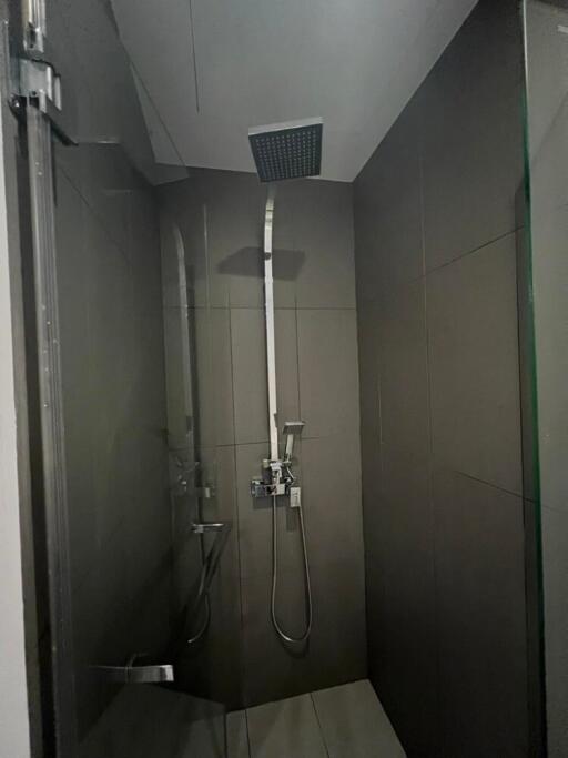 Modern shower area with overhead and handheld shower fixtures