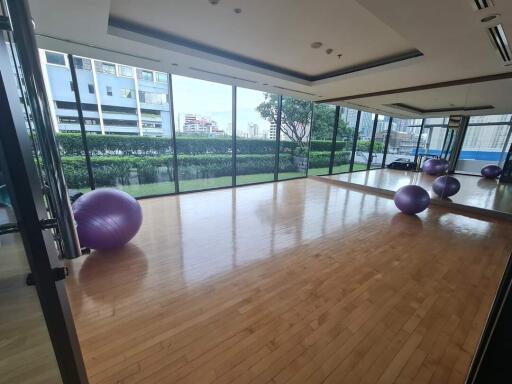 Spacious fitness room with large windows and yoga balls