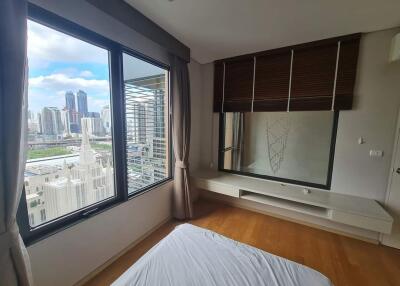 Spacious bedroom with large window and city view