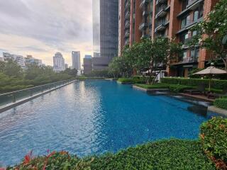 Outdoor swimming pool with greenery and high-rise buildings