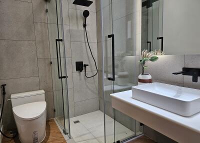 Modern bathroom with glass shower and stylish sink