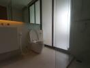 Modern bathroom with frosted glass and sleek fixtures