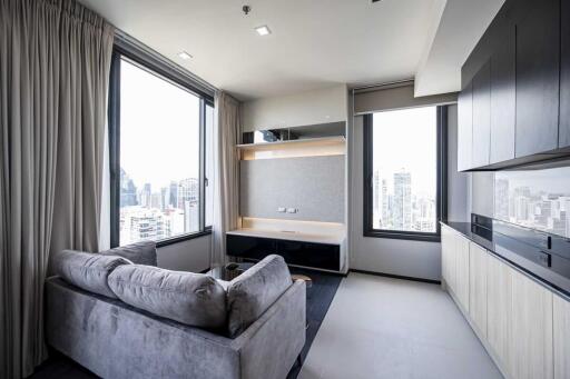 Modern living area with city view