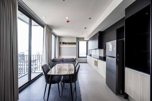 Modern dining area with a balcony view