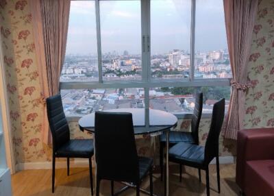 Dining area with a city view