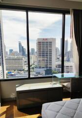 Modern bedroom with a large window and city view