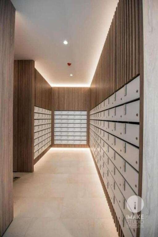 Mailroom with multiple mailboxes in a modern building