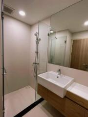 Modern bathroom with glass shower and wooden vanity