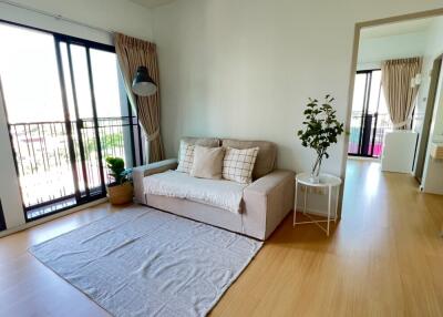 Modern living room with light wood flooring, a beige sofa, and large windows