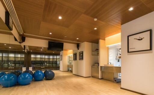 Modern home gym with wooden floor and ceiling