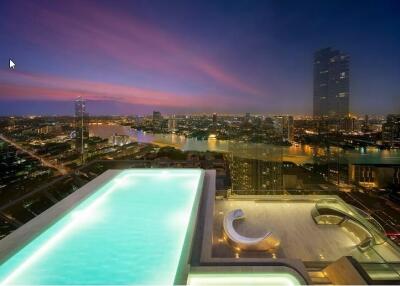 Rooftop infinity pool with city skyline view at dusk